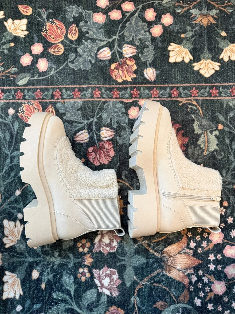 Neutral Cream Women's Lug-Sole Sherpa Ankle Boots